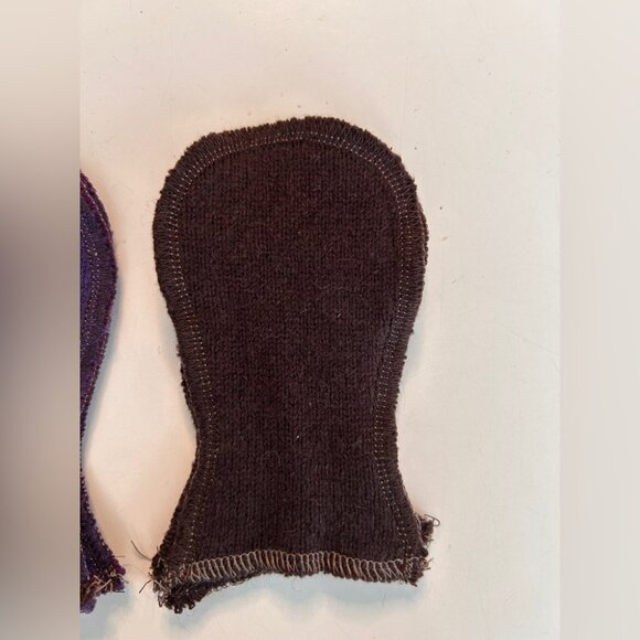 Handmade Recycled Wool Infant Mittens in Brown & Purple with Flower & Dog - Picture 6 of 7